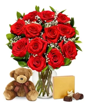 One Dozen Long Stem Red Roses w/ Chocolates & Bear