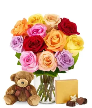 One Dozen Rainbow Roses with Chocolates & Bear